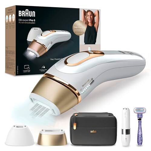 Descuento 🔥 | Braun Silk-expert Pro 5 Depiladora Mujer/Hombre Luz Pulsada IPL, Cabezal de Precisión Ancho y Maquinilla de Afeitar Venus, Alternativa a la Depilación Láser en Casa, PL 5149, Blanca/Dorada