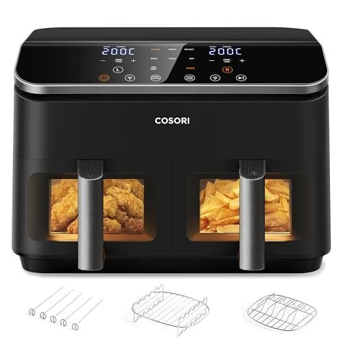 Descuento 🔥 | COSORI Freidora de Aire con Doble Cesta 8,5L, Air Fryer con Ventana e Iluminación Interior, Freidora sin Aceite con Función SYNC, 10 en 1, 35-230℃, Incluye 4 Accesorios Gratuitos, CAF-R901