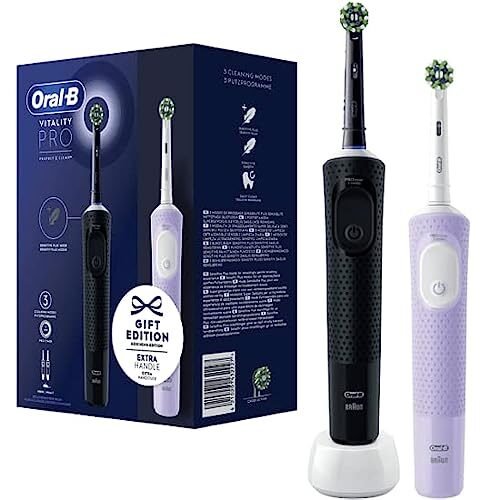 Descuento 🔥 | Oral-B Vitality Pro Pack de 2 Cepillos de Dientes Eléctricos, Regalos Originales Mujer & Hombre – Negro y Violeta