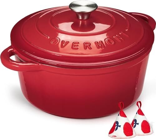 Oferta 🎉 | Overmont Olla de Hierro Fundido – Antiadherente Cacerola Holandesa de Esmaltado con Tapa – Ø26 CM Redonda Cacerola Holandesa para Cocinas de Inducción – Rojo