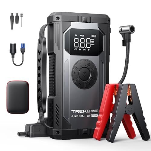 Oferta 🎉 | TREKURE 4-en-1 Arrancador de Baterias de Coche,4000A Arrancador de Coches con Compresor de Aire(para All Gas o 10L Diesel) Arrancador Coche con Inflador de 150 PSI, 18W Carga Rápida y Pantalla LCD
