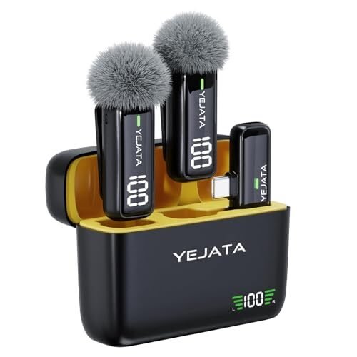 Oferta 🎉 | YEJATA Microfono Inalambrico para teléfono con transmisor Pantalla Digital y Estuche de Carga 40 Horas, micrófono Lavalier inalámbrico con Puerto USB Tipo C para grabación de vídeo – Juego de 2