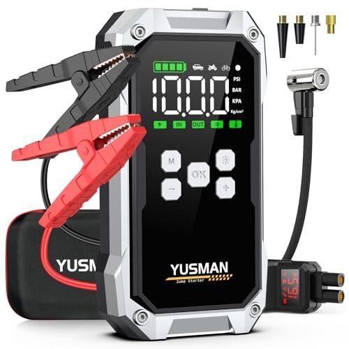 Oferta 🎉 | YUSMAN Arrancador de Baterias de Coche con Compresor de Aire, 12V 6000A Arrancador Coche Portatil con Inflador de 150 PSI (para All Gasolina o 10L Diesel), Linterna LED de Emergencia